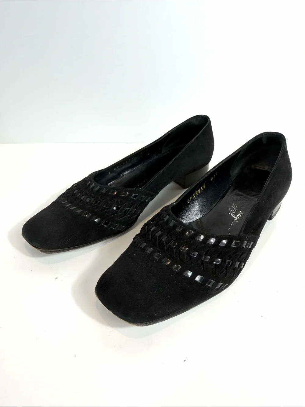 Salvatore Ferragamo Vintage Black Suede Woven Detail Block Heel Pumps 6.5 C